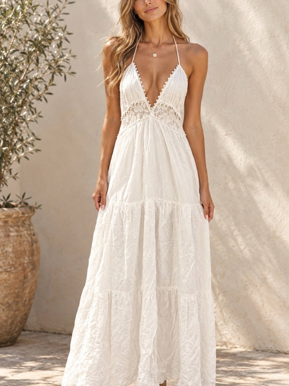 Streetwear Society White Crochet-Trim Halter Maxi Dress
